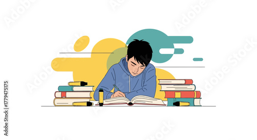 Young Individual Concentrating On Study Amidst Books For Education Or Research