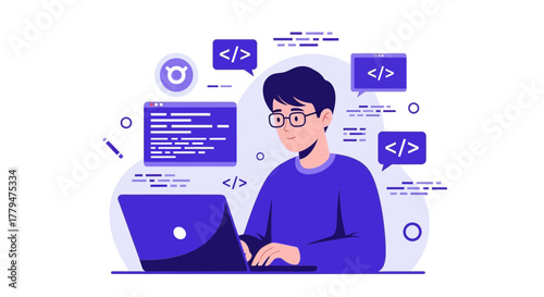 Young Man Coding At Laptop, Illustrating Creative Programming And Information Technology