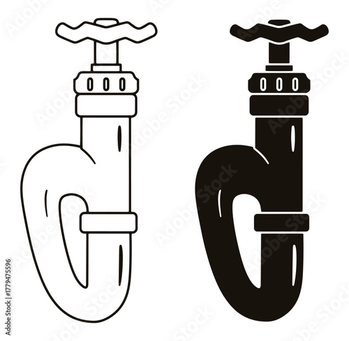 Two stylized vector illustrations depicting plumbing pipes and faucet elements in contrasting outlines