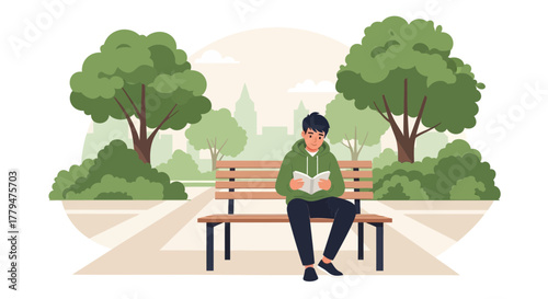 Young Man Reading a Book on a Bench in Park Surrounded by Trees and Nature