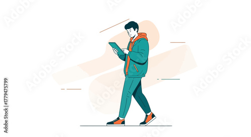 Young Man Reviews Tablet While Walking During Daytime Outdoors Lifestyle Scene