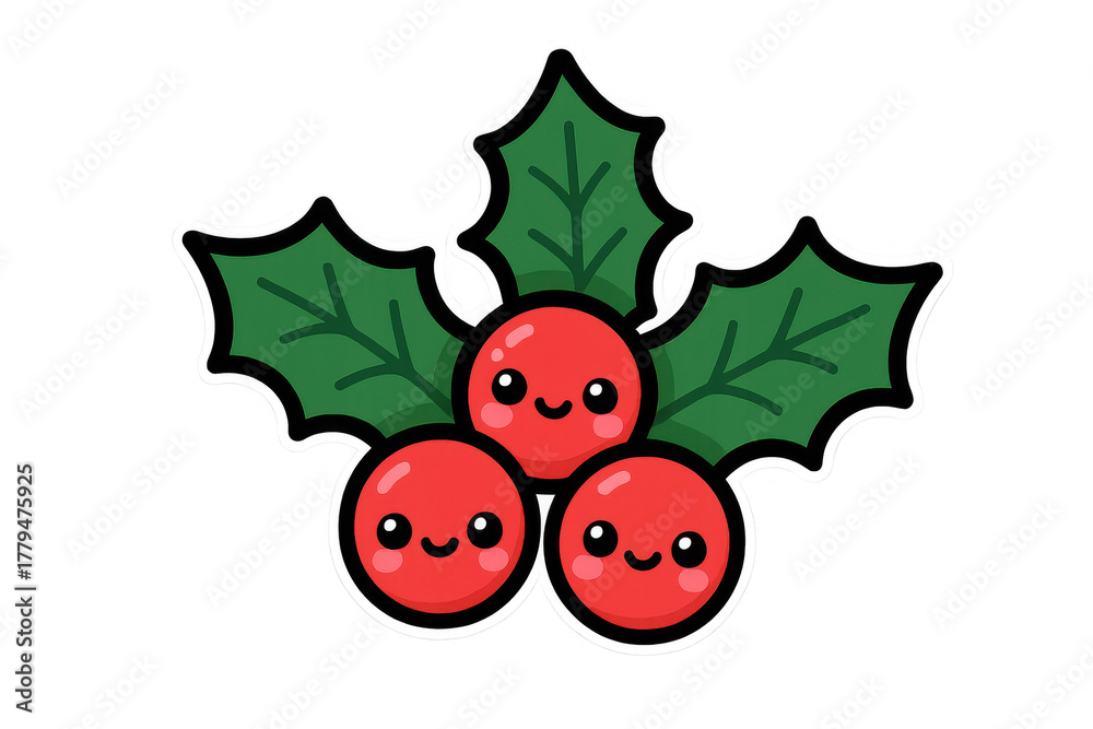 Naklejka premium Kawaii holly berries with leaves, cute smiling christmas plant decoration illustration on transparent background