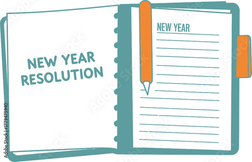 Open notebook with new year resolution and a pencil for planning goals ahead