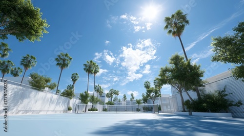Sunny tennis court surrounded by palm trees on a clear day in an outdoor setting