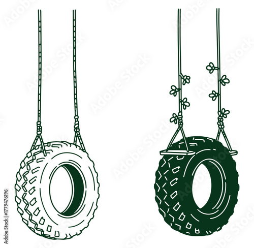 Two tire swings hanging with ropes in a simple line art illustration style