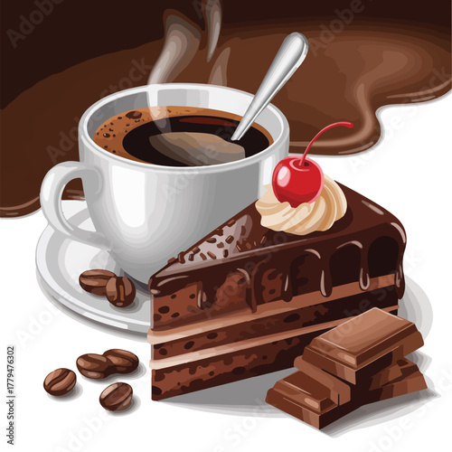 Chocolate cake served with a cup of coffee on a white background
