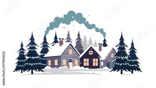 Charming snowy village with cottages, pine trees, and smoke rising from chimneys, calm winter silhouette with holiday feeling