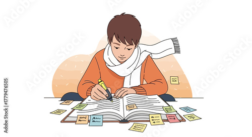 Young Person Focused on Writing or Studying with Notepad and Sticky Notes Illustration