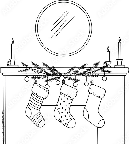 Fireplace mantel decorated with christmas stockings and candles line art style