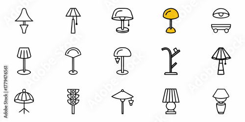 Illustration showing a variety of lamps and lighting fixtures in a simple line art style design format