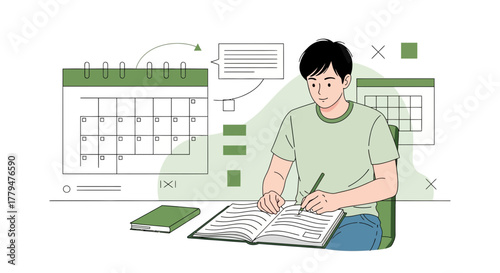 Young Person Planning and Writing in a Notebook with Calendars and Timelines