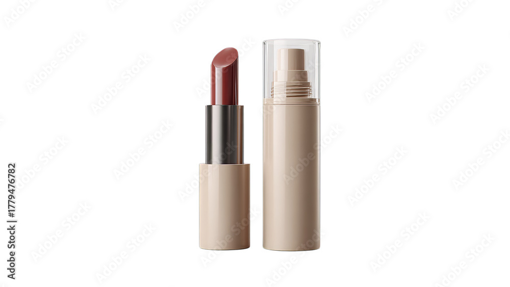 Obraz premium Close-up of a stylish lipstick in neutral tones, showcasing modern packaging and creamy texture on a transparent background.