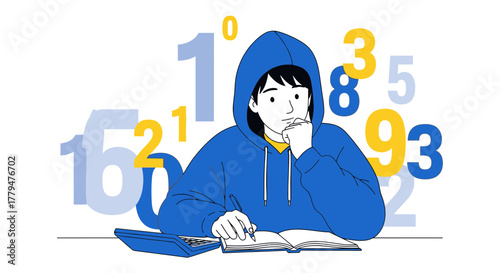 Young Person Thinking About Math Problems With Numbers And A Calculator