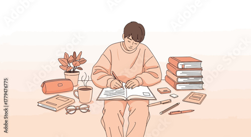 Young Person Writing and Studying With Books, Plant, and Coffee In Peaceful Setting