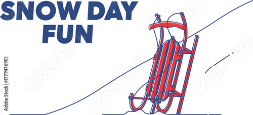 Red sled rests on a snowy hill with the words snow day fun in the background