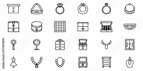 Illustration of various jewelry boxes rings and necklaces in a simple black and white outline style