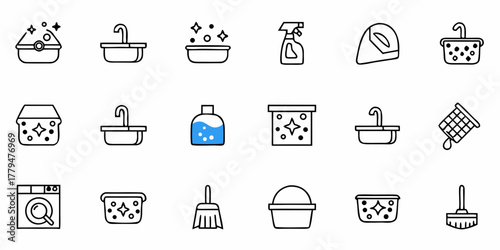 Illustration of various cleaning supplies and equipment including sinks, buckets, and a washing machine