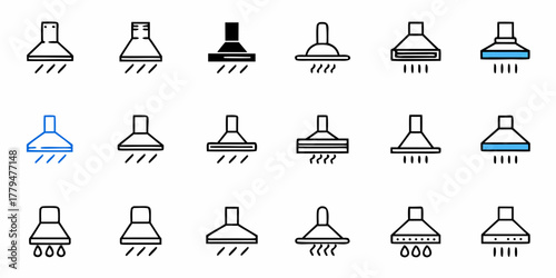 Collection of kitchen exhaust hood icons with different designs and styles in a grid arrangement