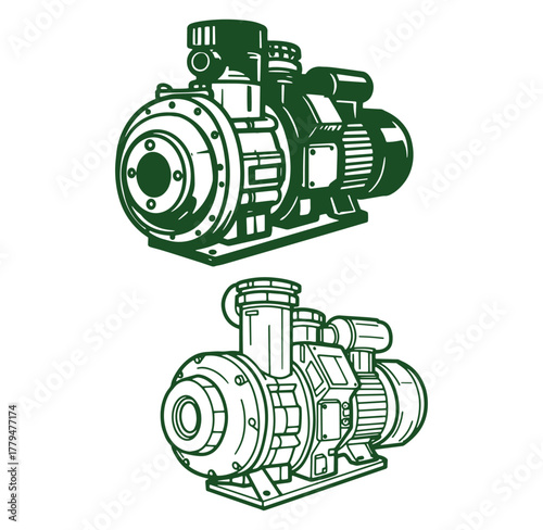 Vector illustration of a modern water pump in green on a white background, useful industrial design.