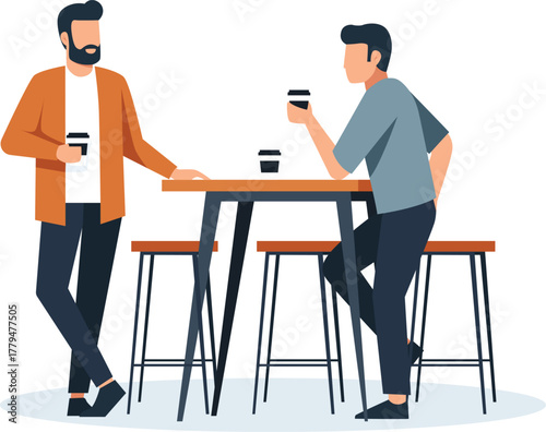 Two men are having a coffee break, standing and sitting around a high table with stools, enjoying their drinks.