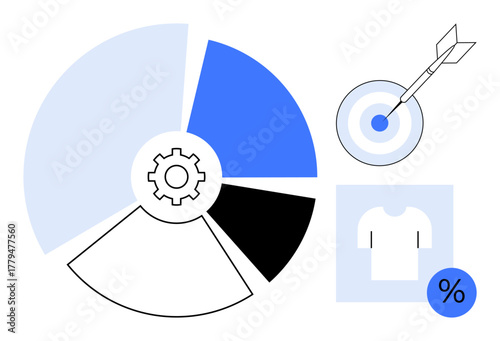 Pie chart with gear icon, blue target with arrow, and percentage sign beside a t-shirt graphic. Ideal for marketing, business strategy, data analysis, goal setting, efficiency, sales and product