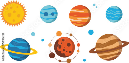 flat cartoon illustration of solar system planets and sun, colorful space education design, astronomy vector artwork for learning concept
