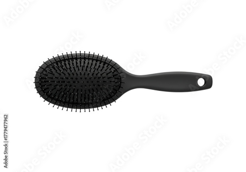 Black oval hair brush with ergonomic handle isolated on transparent background