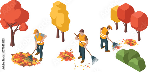 isometric autumn illustration with man raking leaves, fall season yard work scene, outdoor garden maintenance concept, seasonal landscape vector art