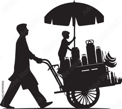 Street vendor pushing cart silhouette cartoon illustration, symbolic service and expressive gesture artwork for lifestyle and urban design