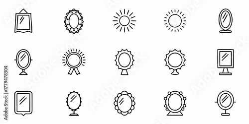Illustration of various mirror designs including standing mirrors and hanging mirrors in a simple line art style