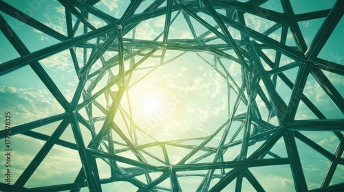 Fototapeta Naklejka Na Ścianę i Meble -  Abstract Geometric Structure Reaching Skyward, Sunlit, Futuristic, Architectural Design.