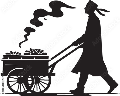 Street vendor pushing cart silhouette cartoon illustration, symbolic service and expressive gesture artwork for lifestyle and urban design