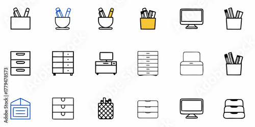 Illustration of office supplies including desk organizers, computer monitors, and drawer cabinets on white background