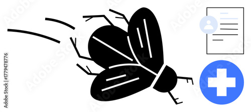 Fly in motion near medical cross sign and personal report document, emphasizing health, hygiene, contamination, pest awareness, prevention, data records, and environmental health. Ideal for simple