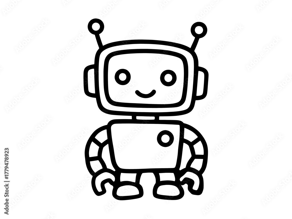 Fototapeta premium Smiling black-and-white line art of a friendly cartoon robot. Cute robot illustration, kids' design, coloring page. ideal for coloring pages, kids’ designs, stickers and icons.