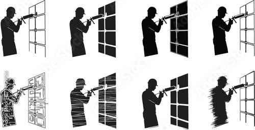 Silhouette worker sequence, panel installation, window repair, tool usage, vector illustration, design progression, construction pose, black graphic icons