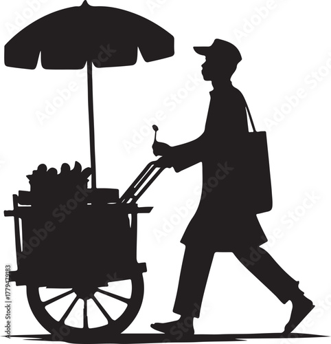 Street vendor pushing cart silhouette cartoon illustration, symbolic service and expressive gesture artwork for lifestyle and urban design