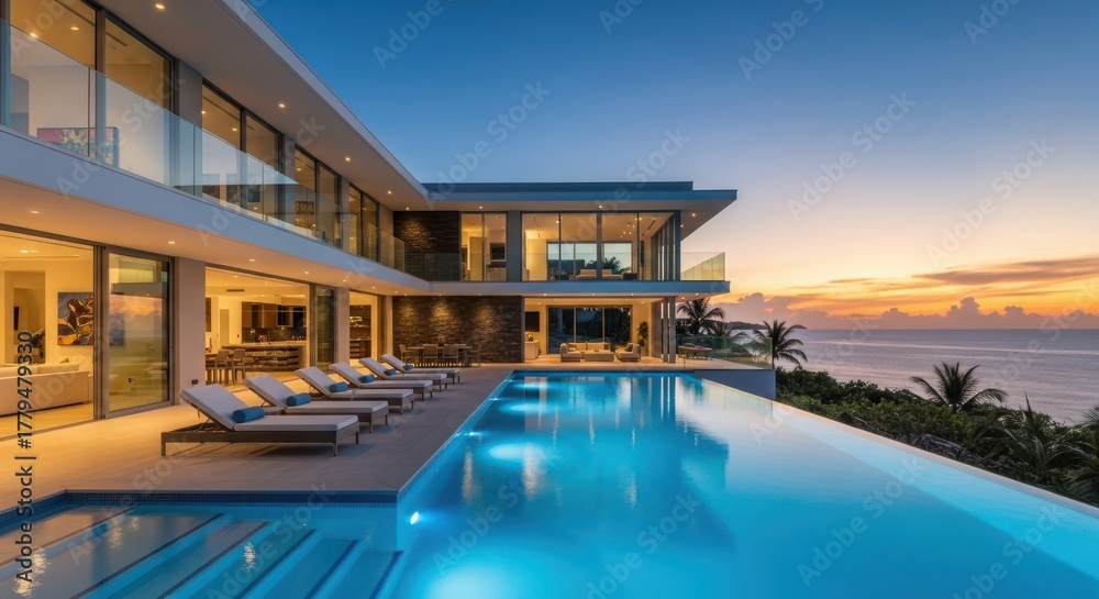 Fototapeta premium Modern luxury villa with infinity pool and ocean view at sunset, contemporary architecture
