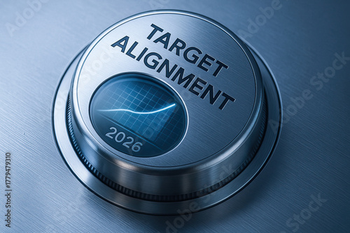 Target alignment strategic driven innovation leadership button with metallic dial and futuristic blue display showing growth curve and 2026 optimistic tone