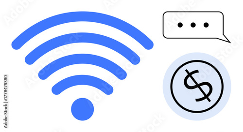 Blue wireless signal, speech bubble with dots, and dollar sign in circle highlight online connection, communication, financing, and transactions. Ideal for tech, business, communication e-commerce