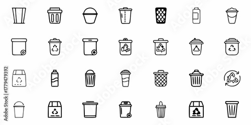 Collection of various black and white outline icons of trash cans and recycling containers displayed neatly