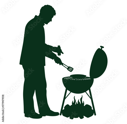 A green silhouette of a man grilling food on a charcoal grill with white background
