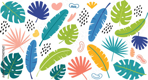 Colorful tropical leaves create a vibrant and exotic botanical illustration