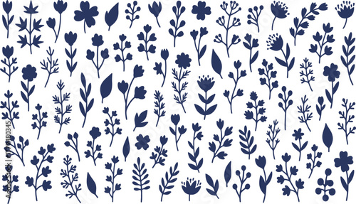 Big bundle of botanical wildflower silhouettes, minimal navy vector stems and leaves, floral clipart set, Scandinavian folk style decoration elements