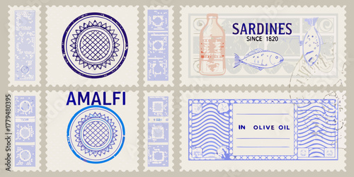 Vintage amalfi coast themed postage stamps featuring sardines and sunflowers in olive oil