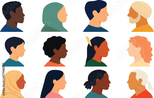 Profile avatar set of diverse people, flat vector faces, side-view portraits, headscarves and headwraps, hairstyles, inclusive icon collection on white​