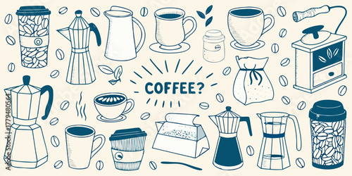 Hand drawn coffee elements collection featuring moka pots cups grinder beans and bags with question mark