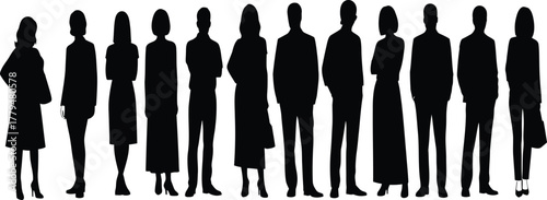 Silhouette business people, diverse team, corporate professionals, men and women standing in row, full length figures, white background, vector style