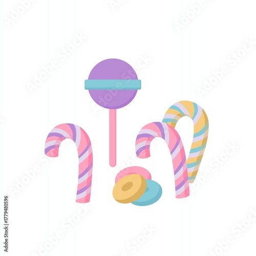 A colorful flat vector illustration of assorted candies and lollipops