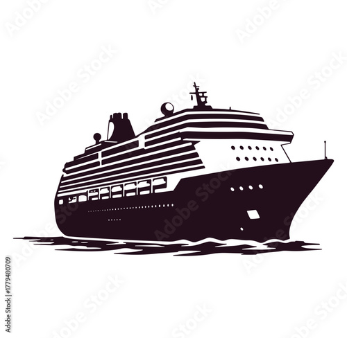 Black and white vector illustration of a cruise ship sailing on the ocean waters